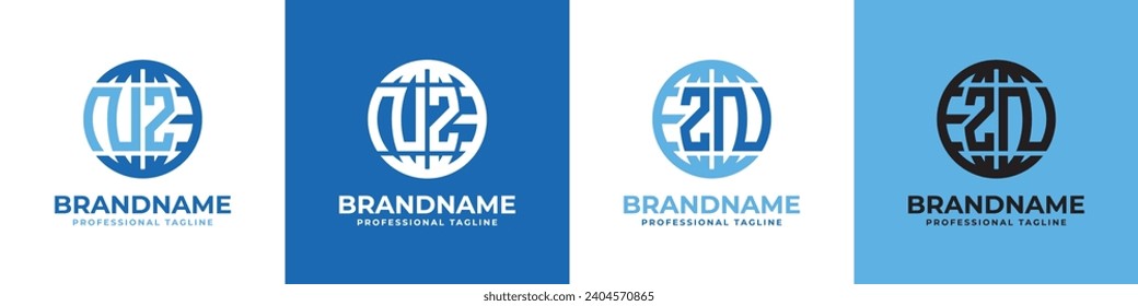 Conjunto de logotipos de las letras NZ y ZN Globe, adecuado para cualquier negocio con iniciales NZ o ZN.