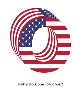 Letter O from 3d with American flag texture wrapped. Volume USA vector font