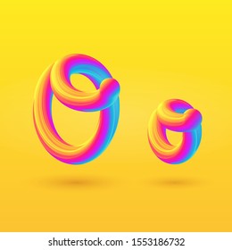 Letter O 3D vector. Liquid gradient shape on yellow background. Colorful hand draw alphabet for branding, logo, a set of words. Festive typography, childrens alphabet, uppercase letters