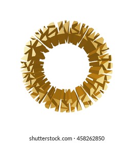 The letter O, in the alphabet broken 3d perspective set gold color isolated on white background