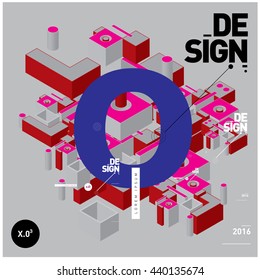 Letter O alphabet with colorful abstract isometric background illustration. Space layout and design template. Composition for poster and publication design.