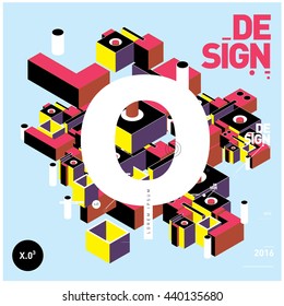 Letter O alphabet with colorful abstract isometric background illustration. Space layout and design template. Composition for poster and publication design.