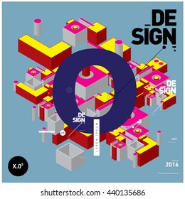 Letter O alphabet with colorful abstract isometric background illustration. Space layout and design template. Composition for poster and publication design.