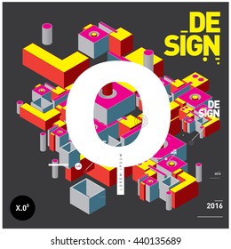 Letter O alphabet with colorful abstract isometric background illustration. Space layout and design template. Composition for poster and publication design.