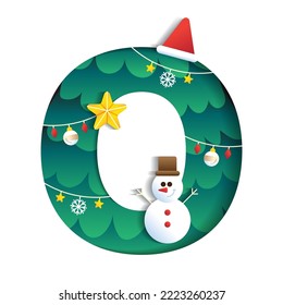 Letter O Alphabet Font Cute Merry Christmas Concept Snowman Christmas Hat Star Christmas Tree Character Font Christmas Element Cartoon Green 3D Paper Layer Cutout Card Vector Illustration