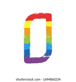 Letter O of alphabet, isolated outline symbol. Drawing sign with LGBT style, seven colors of rainbow (red, orange, yellow, green, blue, indigo, violet