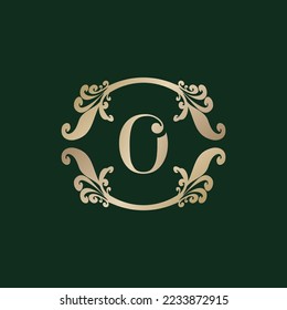 Letter O Alphabet Logo with Luxury Decorative Golden Frame. Elegant Curl Floral Ornament. 