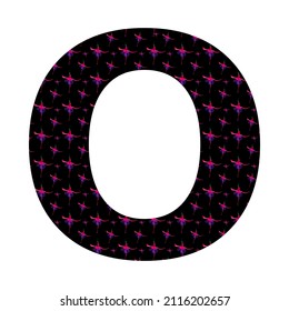 Buchstabe O des Alphabets mit einem Muster rosafarbener Fuchsienblumen auf schwarzem Hintergrund, einzeln auf weißem Hintergrund, Vektorgrafik. mit Rosa, Rot, Violett, Schwarz und Weiß