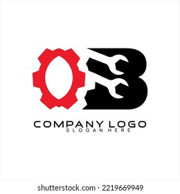 Letra O B concepto diseño de logotipo vectorial mecánico con engranaje abstracto y llave.