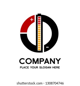 Letter O battery vector logo template. Alphabet graphic with current positive and negative symbol. Black, red and yellow color. This logo is suitable for electric, technology, power and energy supply.