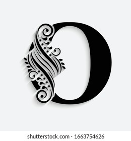 letter O. Black flower alphabet.  Beautiful capital letter with shadow