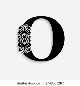 letter O. Black flower alphabet.  Beautiful capital letters with shadow