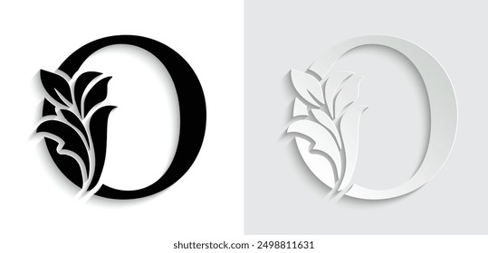 letter O Black flower alphabet. Beautiful capital letters with shadow