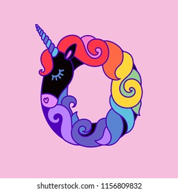 Letter "O" black unicorn. Written by unicorns. Letter in the style of the unicorn. Fairytale font. Black unicorn with a multicolored mane. Trend print on a T-shirt. Logo "O". 