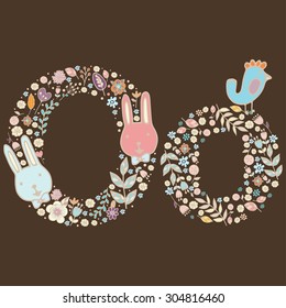 The letter O. Bright floral element of colorful alphabet Cute Animal, flowers, and twigs. floral ABC element in vector
