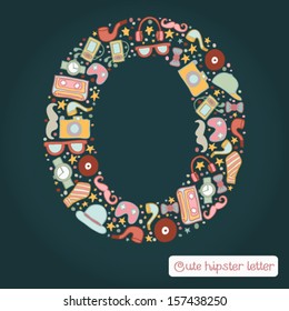 The letter O. Bright hipster element of colorful alphabet made! Hipster ABC element in vector. Vector hipster glasses, camera, a tie, the player, hat, mustache, pipe.