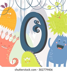 The letter O. Bright illustration with cute cartoon monsters. Vector illustration.