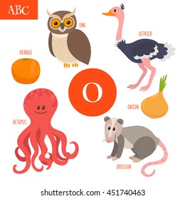 Letter O. Cartoon alphabet for children. Owl, opossum, ostrich, orange, octopus, onion. Vector illustration