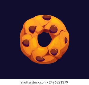 Letra O galleta de dibujos animados con chips de chocolate, caramelo y alfabeto de confitería, dulces tipo de letra, fuente, tipo. Letra de tipografía de Vector aislada como un aperitivo crujiente de panadería. Símbolo divertido del abc de los niños