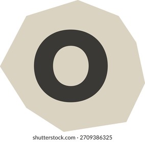 Letter O centered on an uneven polygon badge, flat linework and clean shape. Bold monogram inside jagged medallion, minimal contour and crisp form. Cartoon vector illustration