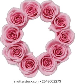Um quadro circular de letra "o" é criado com doze rosas rosa-claro, suas pétalas suaves formando uma borda delicada e romântica, deixando um espaço em branco no centro ideal para texto ou imagens.