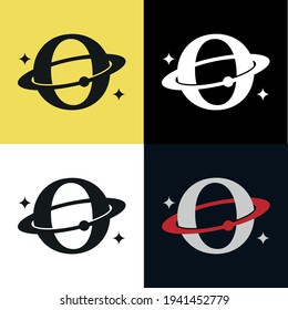 letter O with a circular orbit, a planet and a star vector design