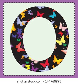 The letter O with colorful butterflies to the square.