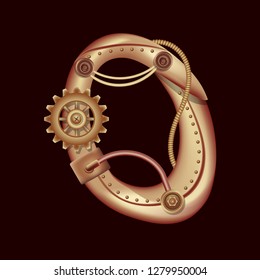 Letter O from the complete set of characters of the font. Symbol of the Latin alphabet and English language. Copper and brass fantasy mechanical steampunk construction with tubes, gears and rivets.