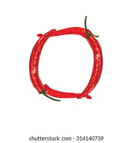 The letter "O" composed of red chili peppers  isolated on white background