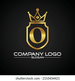 Letter o crest logo Alphabet logotype shield crown gold vector design