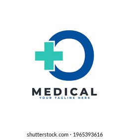 Letra O cruz más logotipo. Usable para negocios, ciencias, salud, medicina, hospitales y logotipos de la naturaleza.