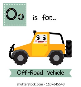 Letter O cute children colorful transportations ABC alphabet tracing flashcard of Off-Road Vehicle for kids learning English vocabulary Vector Illustration.