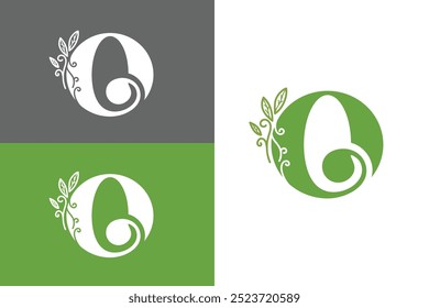 Letter o decorative alphabet, nature leaf logo
