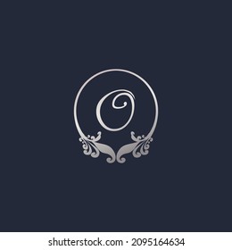 Letter O Decorative Crown Ring Alphabet Logo isolated on Navy Blue Background. Luxury Silver Initial Logo Design Template. Elegant Curl Floral Logo Concept. EPS 10 File Project