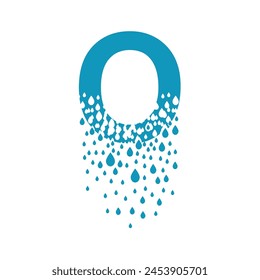 The letter O dissolves into droplets. Drops of liquid fall out as precipitation. Destruction effect. Dispersion.