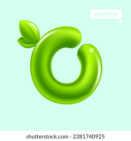 Letter O eco logo with green leaves. 3D realistic and cartoon balloon style. Glossy vector illustration. Perfect for agriculture banners, vibrant adv, waste recycling art, healthy food packaging.