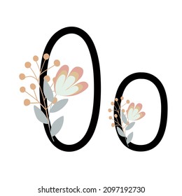 Letter O of English, Latin alphabet uppercase, lowercase decorated with flowers, floral monogram vector illustration in simple boho style, flat pastel colored decorative lettering 