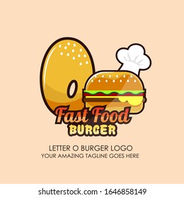 Letter O Fast Food Burger Logo Design for Brand Label Food and Menu Restaurant or Cafe with Chef’s Hat on Pink Background. Lettering Vector illustration. Design Template Concept