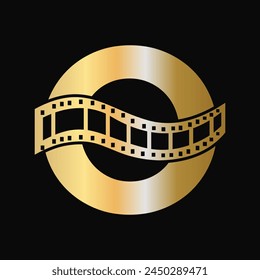 Letter O with Films Roll Symbol. Strip Film Logo For Movie Sign and Entertainment Concept
