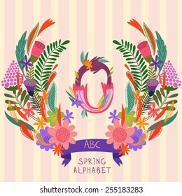 The letter O. Floral hand drawn monogram made of flowers and leafs in vector. Spring floral ABC element in vector. Can be used for posters, cards, blogs, backgrounds and any  stylish designs
