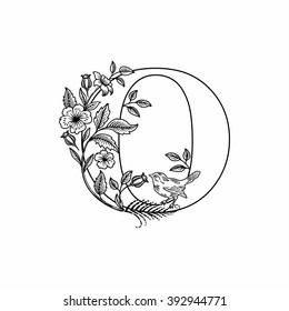 Letra O con flores y pájaro, figura lineal, vector