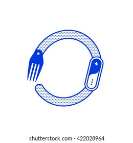 Letter O with fork in minimal outline design. Vector logo illustration for your application or restaurant