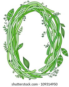 Letter O in the form of intertwining stems with herbs and leaves. Ecology concept.