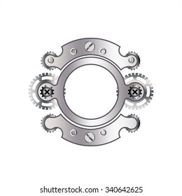 The letter "O" with gears, spare parts, bolts, screws, clockwork. Mechanical design. Metal iron and gradient.