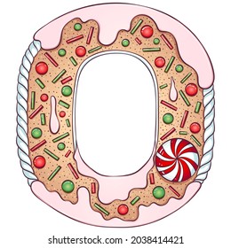 Letter O. Gingerbread Cookies in the form of letters o. Cartoon color vector font made in hand drawn line art style isolated on white background. Lettering logo template. Christmas or New Year concept