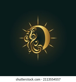 Letter O. Glowing Golden Monogram. Bright Star with Rays. Elegant Calligraphic Logo. Creative Art Design. Luxury Template for Brand Name, Business Card, Boutique, Restaurant, Club. Vector Illustration