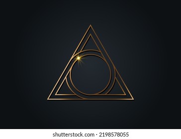 letra A y letra O, diseño del logotipo dorado, figura geométrica sagrada de un círculo inscrito en un triángulo, símbolo mitológico del vector de oro triángulo redondeado, aislado sobre fondo negro 