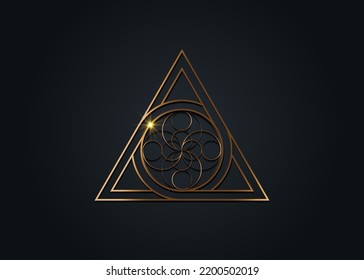 letter A and Letter O, golden logo design, sacred geometrical figure of a circle inscribed in a triangle, gold flower vector mythological symbol round triangle, isolated on black background 