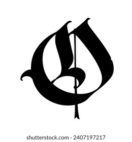 The letter O in the Gothic style. Vector. Old alphabet. The symbol is isolated on a white background. Calligraphic, medieval Latin letter. Logo for the company. Monogram. An elegant font for a tattoo.