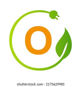 Letter O Green Energy Electrical Plug Logo Template. Electrical Plug Sign Concept with Eco Green Leaf Vector Sign